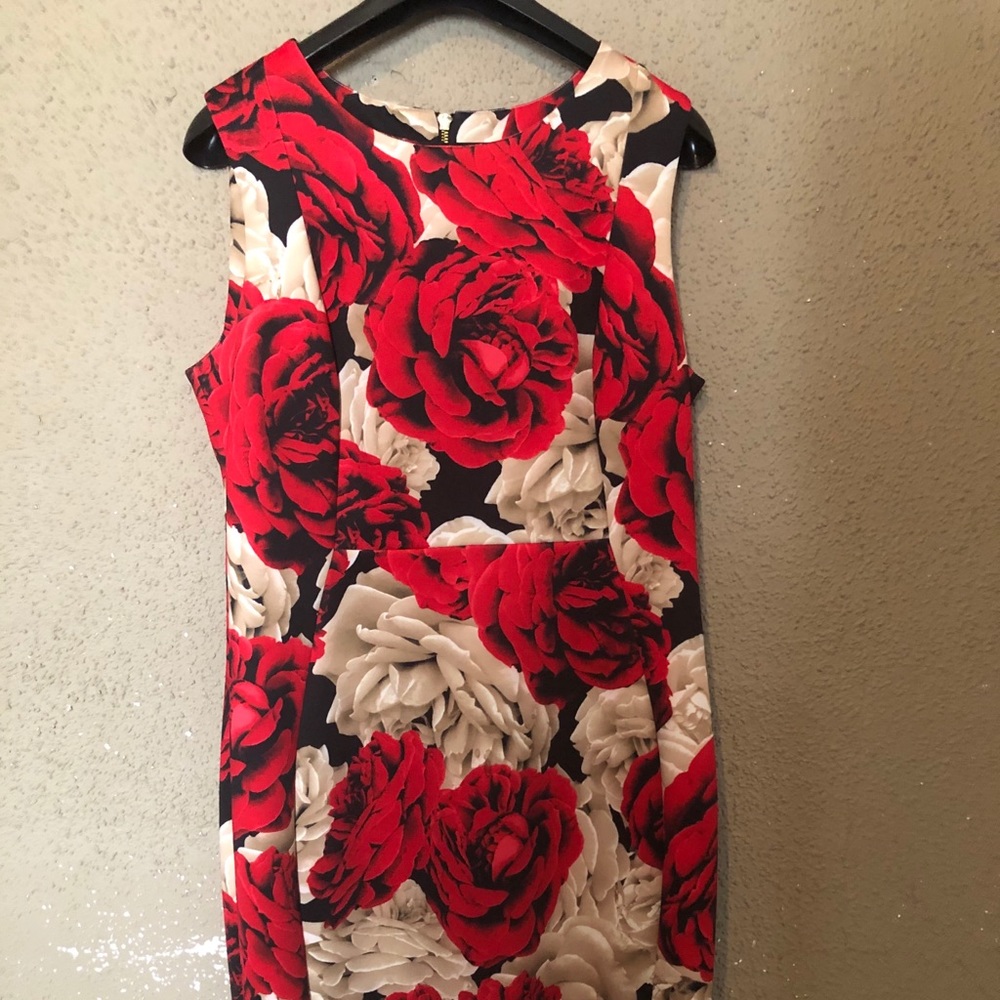 Calvin Klein Red and Gold Rose Sheath Dress